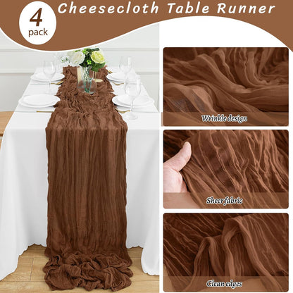 4Pack Brown Table Runner 10FT Cheesecloth Table Runner 35x120Inch Long Boho Cheese Cloth Table Runners Rustic Gauze Table Runners for Party Wedding Bridal Shower Baby Shower Decorations