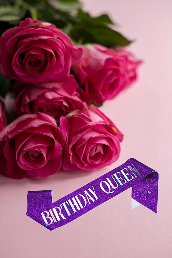 MGJSRNH Birthday Queen Sash,Purple Glitter Satin with Silver Iridescence Foil Sash for Women Girls,Party Decorations Supplies for Sweet 13, 18, 21,30,40,50 or Any Other Bday Party