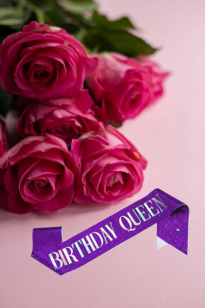 MGJSRNH Birthday Queen Sash,Purple Glitter Satin with Silver Iridescence Foil Sash for Women Girls,Party Decorations Supplies for Sweet 13, 18, 21,30,40,50 or Any Other Bday Party