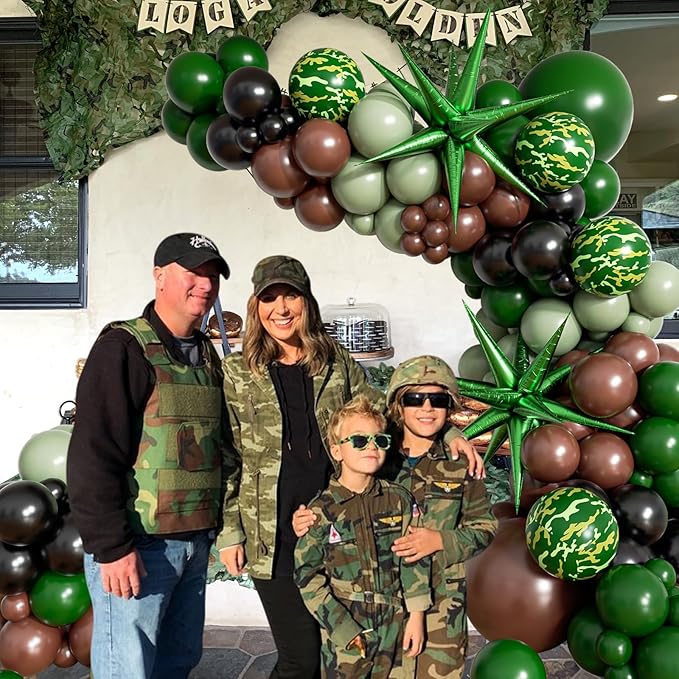 137pcs Camo Balloon Arch Garland Kit, Dark Green and Brown Balloon Arch Kit with Brown Sage Green Black Foil Balloons for Jungle Hunting Camo Birthday Party Decorations
