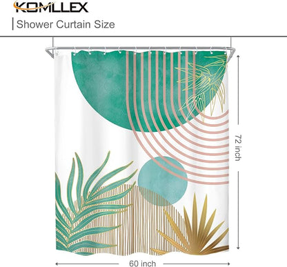 KOMLLEX Mid Century Green Pink Boho Shower Curtain 60Wx72L Inches Abstract Modern Shower Curtains for Bathroom Decor Plant Botanical Minimalist Arch Sun Fabric Liner Waterproof Polyester 12 Pack Hooks