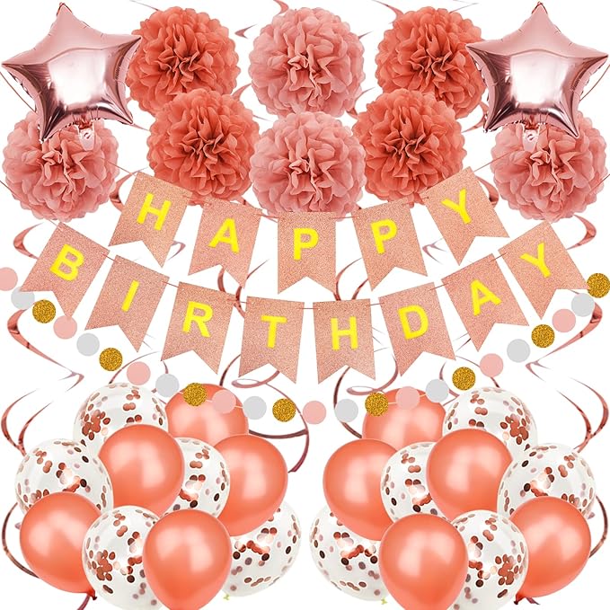 Birthday Decoration, Happy Birthday Banner, Tissue Paper Pom Poms, Hanging Paper Fan Set and Balloons for All Birthday Party Decorations, Rose Gold
