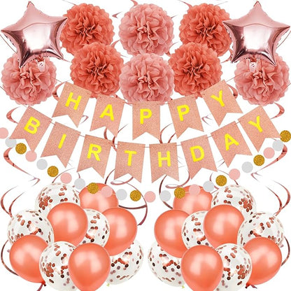 Birthday Decoration, Happy Birthday Banner, Tissue Paper Pom Poms, Hanging Paper Fan Set and Balloons for All Birthday Party Decorations, Rose Gold