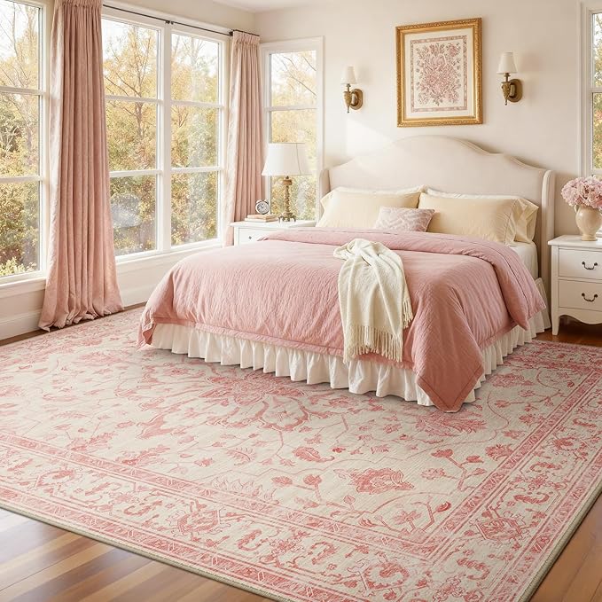 RELEANY Area Rugs 8'x10' Washable Non-Slip, Floral Vintage Distress Print Pattern Medallion Carpet for Living Room Bedroom Dining Room, Pink Light Vintage Pink