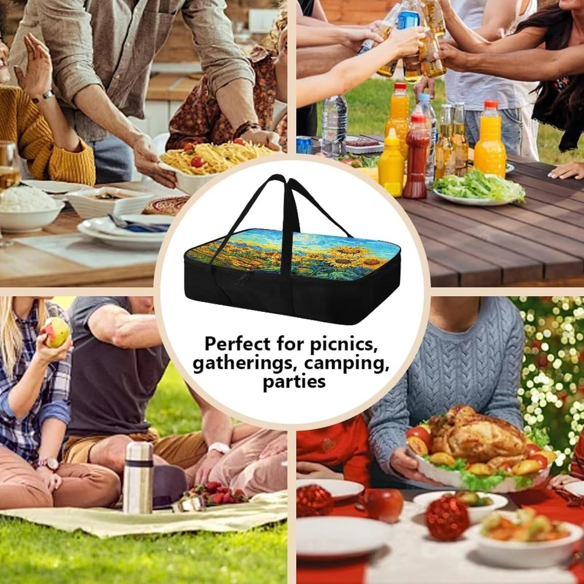 Sunflower Print Insulated Casserole Carriers for Hot or Cold Food - Fits 11 x 15 or 9 x 13 Baking Dish