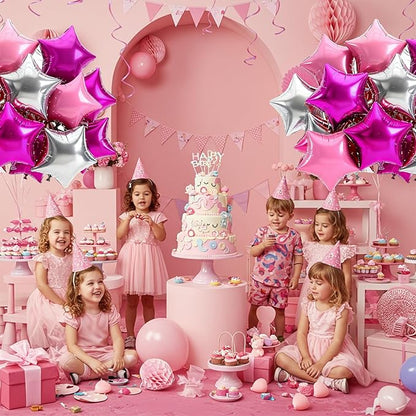 TONIFUL 15Pcs 18 Inch Large Hot Pink Silver Pink Star Shape Foil Balloons Big Stars Helium Mylar Ballons for Birthday Wedding Bridal Shower Anniversary Engagement Party Decorations Supplies