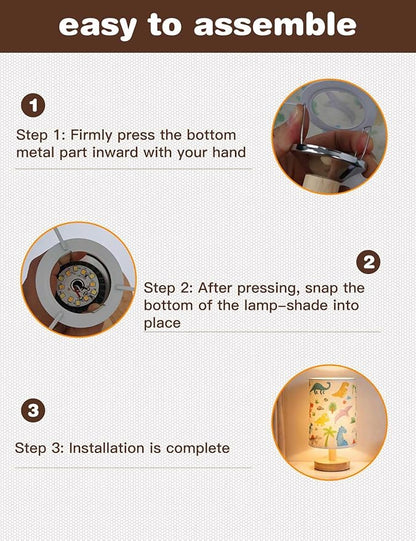 Dinosaur Lamp, Dinosaur Room Decor for Boys, 3 Level Dimmable Wood Nightstand Desk Base Flaxen Fabric Shade for Bedroom Living Room, Dino Gifts for Boys