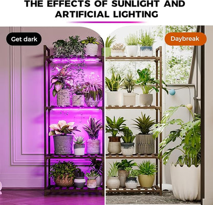 Bamworld Plant Stand with Grow Lights for Indoor Plants Wood Plant Shelf 4 Tier Large Flower Stand for Mutiple Plant Holder Rack for Patio Living Room BalconyDecor Purple Light