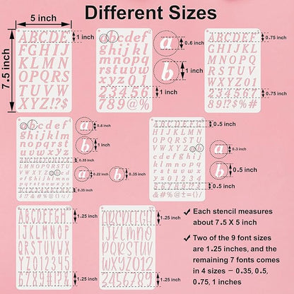 BAMIDELE Letter and Number Stencils for Painting - 40 PCS Small Alphabet Stencils (1, 0.75, 0.5, 0.35 Inch) for Crafts, Wood, Cakes - Reusable Plastic Bullet Journaling Letter Stencil (7.5 x 5 Inch)
