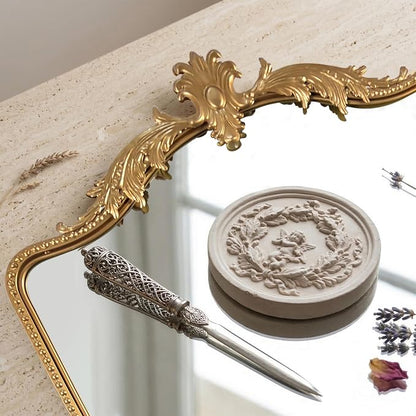 Arched Gold Carved Wall Mirror - 40''x28'' Vintage Gold Large Baroque Wall-Mounted Mirror - Iron Frame with Beaded Trim - Antique French Ornate Mirror for Entryway/Hallway/Fireplace/Bathroom