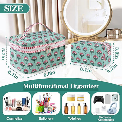 2Pcs Quilted Makeup Bag Set, Floral Boho Toiletry Bag Travel Essentials Gifts for Women Girls, Cute Flower Cosmetic Organizer Pouch Make Up Bags for Travel Bachelorette Party Favors (Pink - Ice Green)