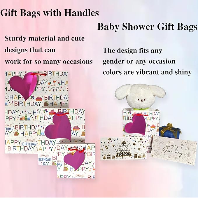 6 Pack Happy Birthday Gift Bags With Handles and 8 Colorful Tissue Papers,Assorted Size of Paper Gift Bag for Boy/Girls Kids Women Birthday Party, Anniversay Celebrations