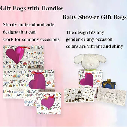 6 Pack Happy Birthday Gift Bags With Handles and 8 Colorful Tissue Papers,Assorted Size of Paper Gift Bag for Boy/Girls Kids Women Birthday Party, Anniversay Celebrations