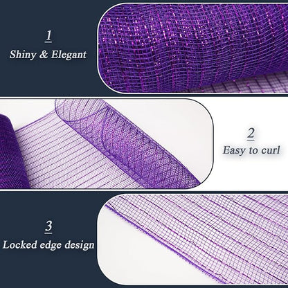 2 Pcs Purple Deco Mesh Ribbon Rolls 10 Inch 10 Yards(30 ft) Decorative Mesh Fabric with Foil for Wreaths Christmas Tree Ribbon Door DIY Craft Halloween Decor Wedding Party Supplies (Purple, 2Pcs)