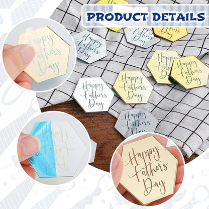 24 Pieces Happy Father's Day Cupcake Toppers Acrylic Cake Mirror Disc Cake Toppers Decorations Mini Glitter Engraved Discs for Birthday Party Dads Day Gifts(Hexagon)