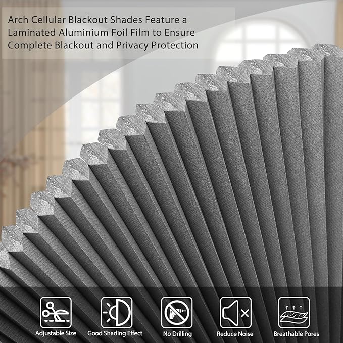 Arch Window Shade Blackout Cellular Shades Half Circle Moon Window Covering No Drill Honeycomb Cordless Blinds for Indoor Window Room Darkening Easy Install Light Blocking Blinds (1, Grey, 36x18inch)