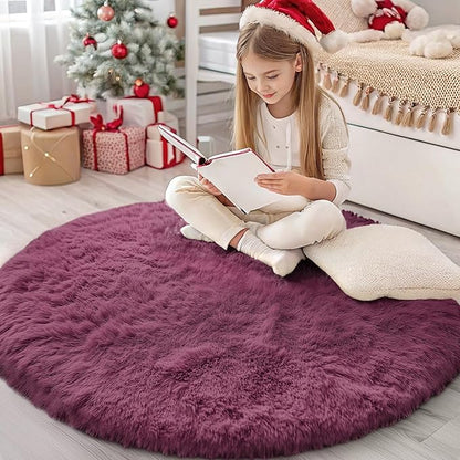OLANLY Burgundy Round Rugs for Bedroom - Machine Washable, 4 ft Circle Area Rugs for Living Room, Soft and Fluffy Shaggy Carpet for Teen Girls and Boys, Nursery Rooms, Dorms, Home Decor Aesthetic