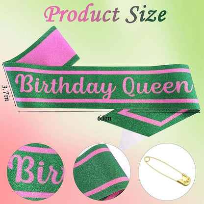 Pink Green Birthday Sash for Girls, Letter "Birthday Queen" Witch Themed Sash with Glitter Foil, Happy Funny Accessories for Party Favors Supplies
