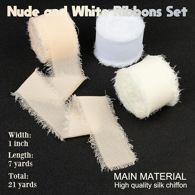 White Chiffon Ribbon 1 Inch x 21Yds Handmade Fringe Chiffon Silk Ribbon White/Cream/Nude Frayed Chiffon Ribbon for Wedding Invitation Flower Bouquets Gift Wrapping Bridal Shower Baby Shower