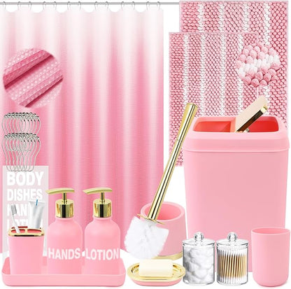 XLHOMO 25PCS Pink Bathroom Accessories Sets Complete, with Shower Curtain, Rugs, Trash Can and Toilet Brush, Toothbrush Holder and Cup, Soap Dispenser, Soap Dish, Qtip Holder, Bathroom Decor Sets