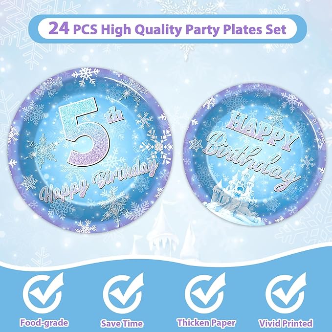 Snowflake Winter Wonderland 5th Birthday Paper Plates Napkins Forks Disposable Dinnerware Happy 5th Birthday Blue and Purple Winter Snowflake Tableware for Kids Christmas onderland Party Decorations