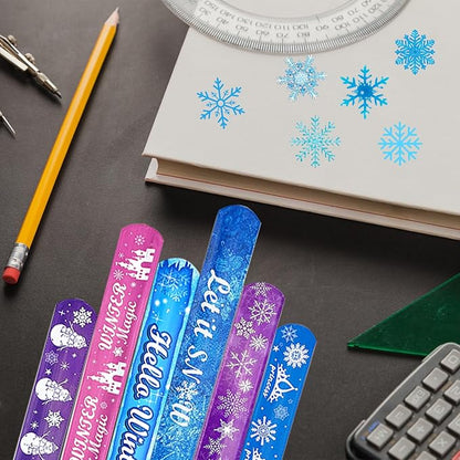 74Pcs Snowflake Theme Party Favors Contain 24 Pcs Snowflake Theme Slap Bracelets 50Pcs Snowflake Theme Stickers, Ice and Snow Theme Birthday Party Decorations