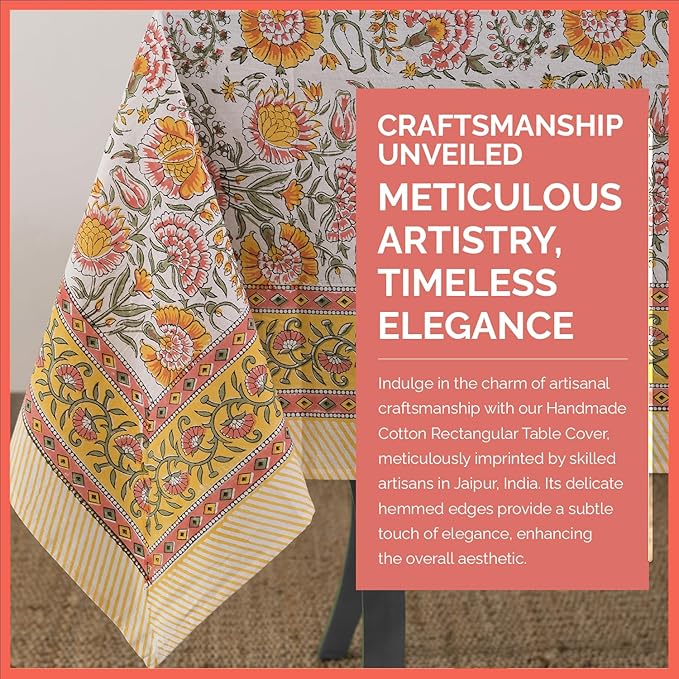 Labhanshi Indian Block Print Floral Table Cloth|Cotton 6-Seater 60x90 Inch Rectangle Washable Dinner Picnic Table Cloth|Cocktail Parties Wedding Spring Easter Table Decor|White Marigold