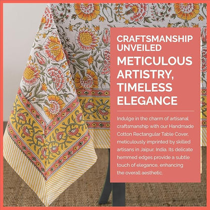 Labhanshi Indian Block Print Floral Table Cloth|Cotton 6-Seater 60x90 Inch Rectangle Washable Dinner Picnic Table Cloth|Cocktail Parties Wedding Spring Easter Table Decor|White Marigold