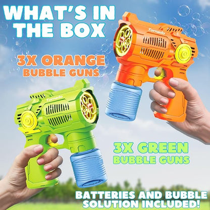 6-Pack Bubble Gun Set with Batteries – Automatic Bubble Blower Toys for Kids & Toddlers | 3 Green + 3 Orange Bubble Shooters with Solution Included | Outdoor Fun & Ready to Play