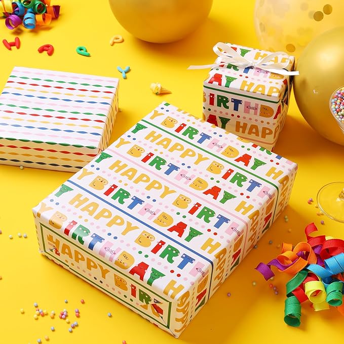 LaRibbons Birthday Wrapping Paper Roll - Colorful Happy Birthday Gift Wrap for Kids & Adults, Fun Party Design, Durable Gift Wrapping Paper for Birthday Presents