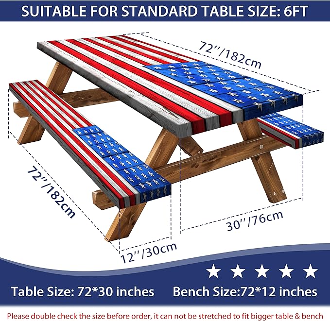 American Flag Picnic Table Cover with Bench Covers Set Wood Texture Waterproof Windproof Camping Rectangle Tablecloths Fitted Picnic Table Cover for Outdoor,Picnic,Camping (Red, 3pcs-72" x 30")