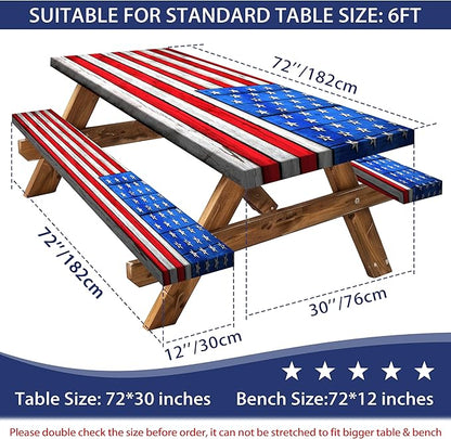 American Flag Picnic Table Cover with Bench Covers Set Wood Texture Waterproof Windproof Camping Rectangle Tablecloths Fitted Picnic Table Cover for Outdoor,Picnic,Camping (Red, 3pcs-72" x 30")