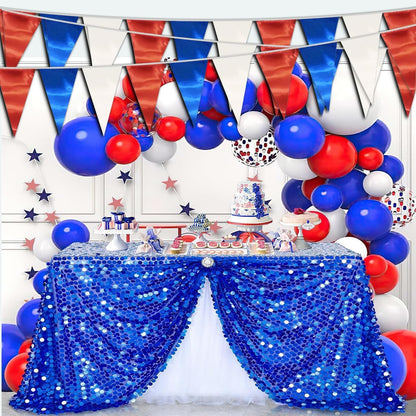 40M/130FT White Blue Red Triangle Pennant Banner Flag Metallic Fabric Bunting Garland for Christmas Graduation, Independence Day, 4th of july, Patriotic Themed Party Decoration