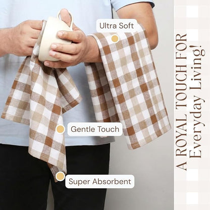 Checked Dish Towels 4 Pack, 18x26 Inches, Quick Dry Towels for Kitchen, Durable, Reusable, Absorbent Wash Cloths Set, Washable Fabric, Heavy Duty for Daily Use - Brown, Beige, White