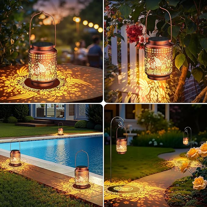 KOOPER 2 Pack Solar Lanterns Outdoor Waterproof Mothers Day Gifts for Women Mom Grandma, Metal Hummingbird Hanging Solar Lantern Outdoor, 2 Modes Outdoor Decoration for Yard, Patio, Garden, Porch