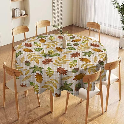 YCness Autumn Maple Leaves Tablecloth, Thanksgiving Autumn Harvest Watercolor Ginkgo Biloba Abstract Geometry Leaves Table Cover for Party Picnic Dinner Decor 60x60 Inch Round