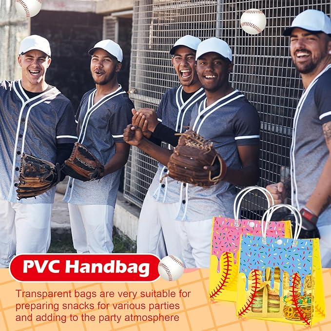 Abbylike 24 Pcs Drip Ice Cream Softball Clear PVC Gift Bag with Handles Candy Gift Treat Bags for Birthday Game Celebration Sports Theme Party Decorations