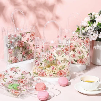 Aliceset 20 Pcs Mother's Day Clear Floral Gift Bags with Handles Flower Rose Party Goodie PVC Treat Bags for Tea Party Baby Shower Birthday Bridal Shower, 8 x 8 x 3.15 Inch