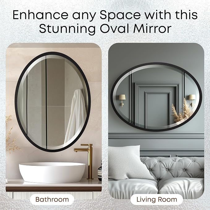 OVALCREST - Oval Wooden Beveled Wall Mirror for Home Decor, Bathroom, Vanity, Bedroom, Living Room, Hallway - London Style (Matte Black) 41.1 x 31.1