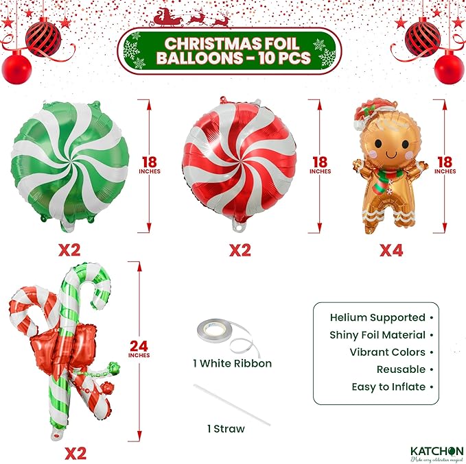 KatchOn, Shiny Candy Cane with Gingerbread Foil Balloons - 10 Pcs, 24 Inch | Christmas Balloons Decorations for Gingerbread Christmas Decorations Indoor | Candy Cane Balloon | Birthday Party Supplies
