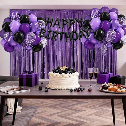60pcs Purple and Black Balloons 12inch, Black Metallic Dark Purple Confetti Balloons for Birthday Party Decorations