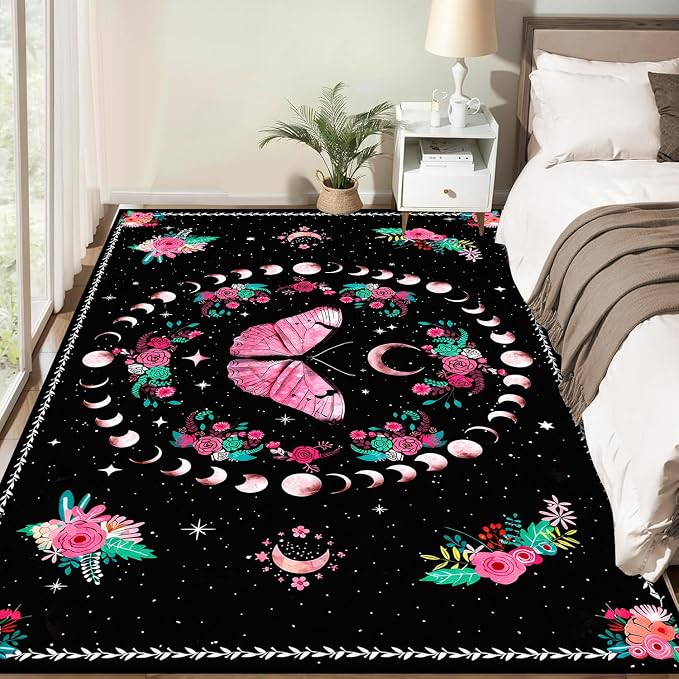 Pink Butterfly Area Rug 2'x3' Moon Phase Floral Rugs for Entryway Bedroom Living Room Kitchen Home Decor Boho Gothic Butterfly Carpet Non-Slip Washable Floor Mat