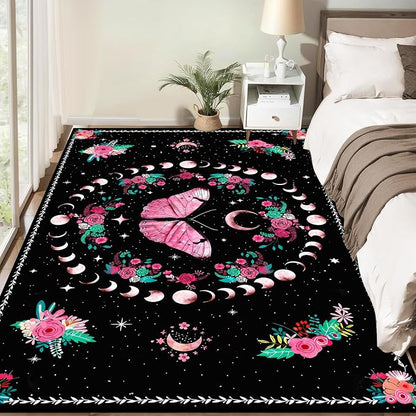 Pink Butterfly Area Rug 2'x3' Moon Phase Floral Rugs for Entryway Bedroom Living Room Kitchen Home Decor Boho Gothic Butterfly Carpet Non-Slip Washable Floor Mat