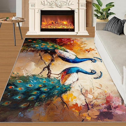 Peacock Rug 5x7-5x7 Rug, Classic Peafowl Floral Area Rugs for Bedroom, Peacock Couples Rugs for Living Room, Oil Painting Art Washable Mat, Aesthetics Carpet - Peafowl Home Decor & Gifts