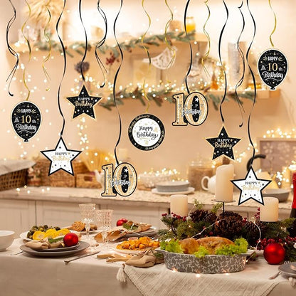 Happy 10th Birthday Black & Gold Glitter Swirls Streamers Party Decorations - 15 Pcs 10th Birthday Hanging Swirls Streamers Kit,Cheers to Ten Years Old Bday Party Sign.