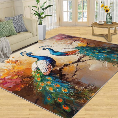 Peacock Rug 5x7-5x7 Rug, Classic Peafowl Floral Area Rugs for Bedroom, Peacock Couples Rugs for Living Room, Oil Painting Art Washable Mat, Aesthetics Carpet - Peafowl Home Decor & Gifts