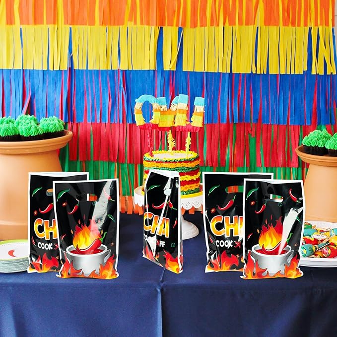 50Pcs Chili Fire Party Favor Bag - Cook Off Contest Plastic Waterproof Goodie Bag Chili Pepper Flame Contest Tasting Competition Cinco De Mayo Mexican Fiesta Birthday Party Festival Supplies