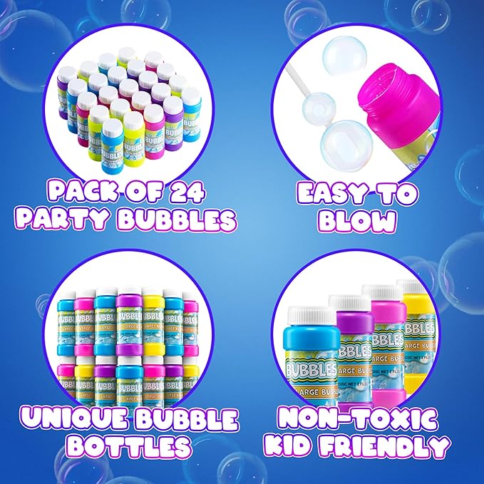 Party Bubbles for Kids - (Bulk Pack of 24) 2-oz Bubbles Bulk Solution with Bubble Wands Assorted Neon Colors for Outdoor Toys Summer Games, Birthday Party Favors, & Goodie Bags Stuffers
