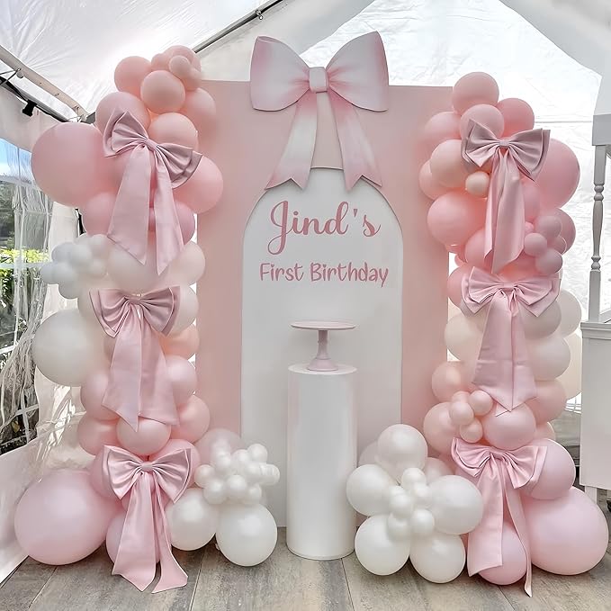 Pastel Pink and White Coquette Balloons Arch, 134 PCS Light Baby Dusty Pale Pink Bow Balloon Garland mit 18 Inch Clear Balloons *5, Long Balloon as Bow Decor for Girls Just Want To Be One Birthday