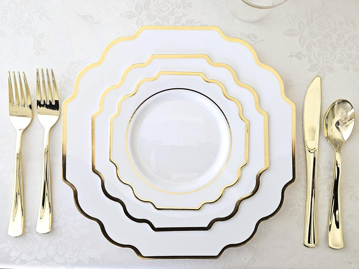 " OCCASIONS " 50 Plates Pack (25 Guests)-Heavyweight Wedding Party Disposable Plastic Plate Set -(25x10.5'' Dinner + 25x8'' Salad/Dessert) (Imperial White & Gold)